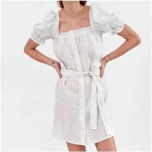 Sleeper Bridgette Linen Mini Dress Polka Dot Puff Sleeve Size Small S